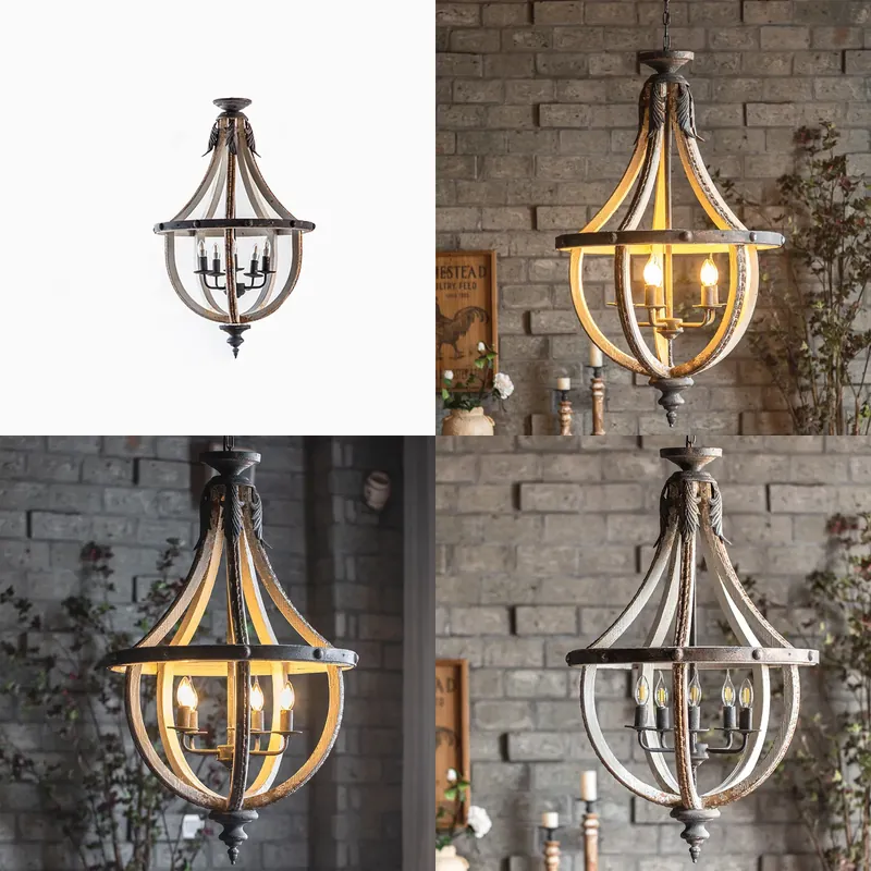 Lighting Glass Photography - Vintage-Kronleuchter aus Schmiedeeisen mit Massivholzakzenten, Retro-Pendelleuchte